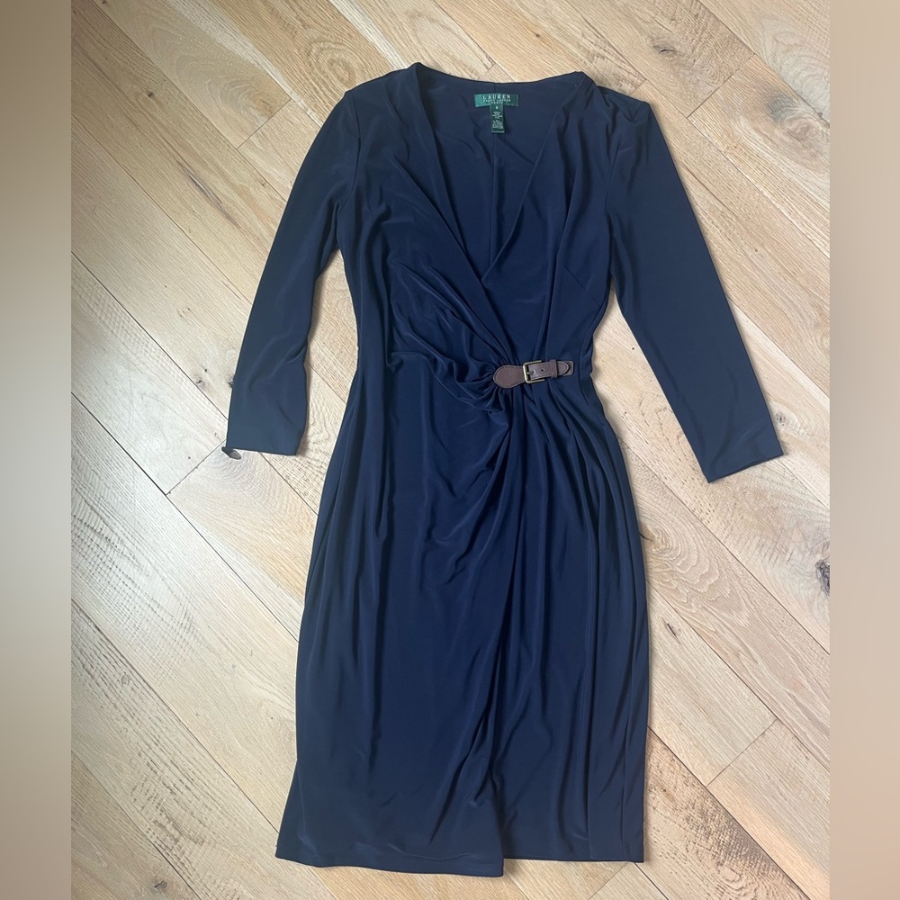 Stunning navy Ralph Lauren dress with brown buckle details, like new size 8